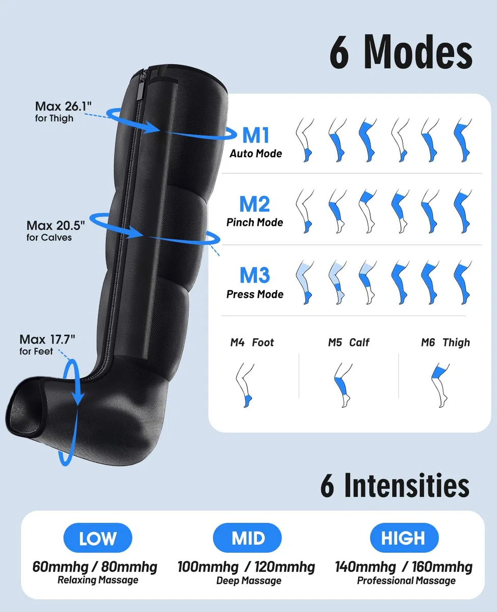 Kalamera Massaggiatore per gambe a compressione ad aria con stivali con cerniera, 6 modalità, 3 livelli di intensità con timer, massaggio avvolgente per piedi, polpacci e cosce, sistema di