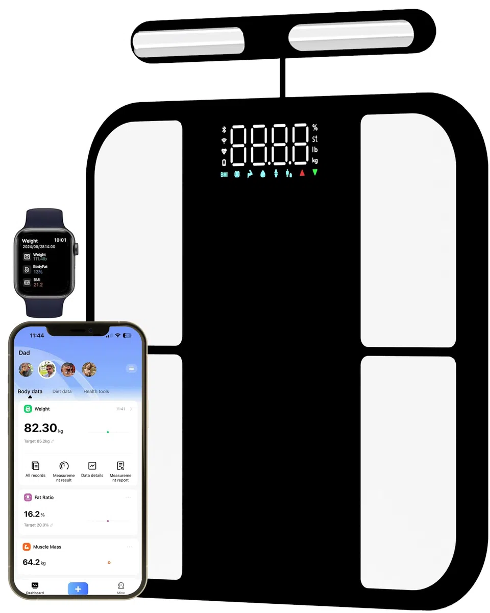 Bilancia per il peso corporeo - 8 elettrodi Bilancia digitale ad alta precisione per BMI - 56 metriche della composizione corporea - Bilancia da bagno Bluetooth con LED per casa/fitness