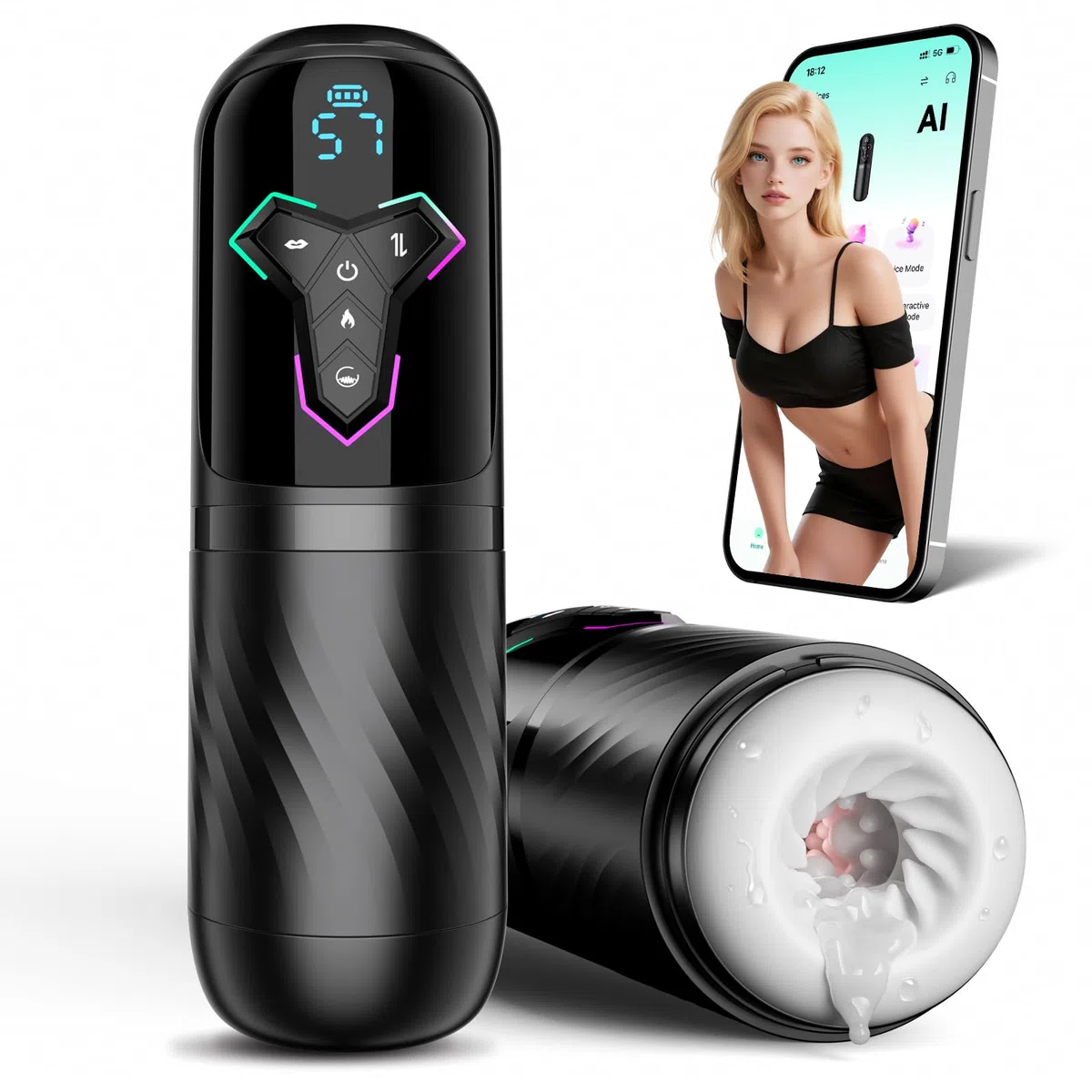 Masturbatore Uomo Sex Toys Interattivo con IA, Masturvatore per Uomo Realista con 10 Modalità Vibrazione 7 Telescopiche e 5 Suzione, Vagina a Riscaldamento Rapido, Sexytoysys Coppia con Controllo APP