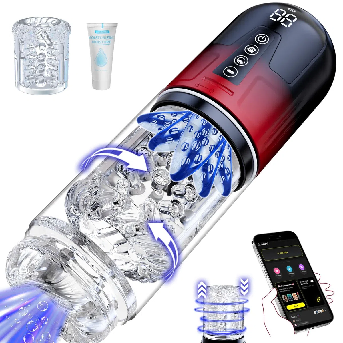 Masturbatore Uomo con Manicotto Extra, APP Sexytoysys Uomo con 9 Modalità Telescopica Rotazione Suzione Vibrazione, Pompa per Pene con Ingrandimento in 12 Secondi, Impermeabile per idromassaggio