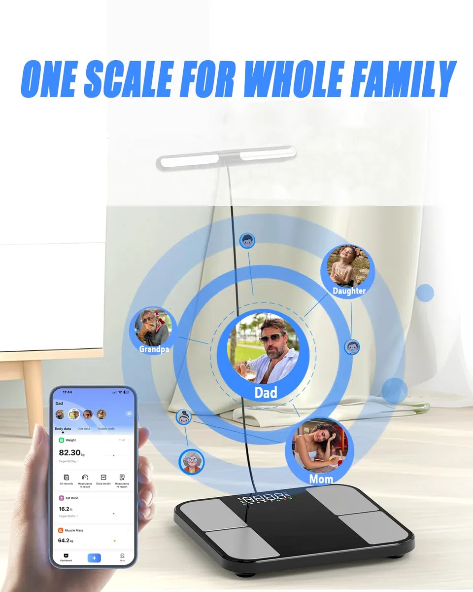 Bilancia per il peso corporeo - 8 elettrodi Bilancia digitale ad alta precisione per BMI - 56 metriche della composizione corporea - Bilancia da bagno Bluetooth con LED per casa/fitness