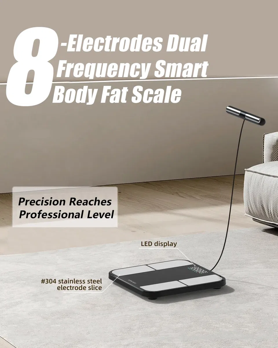 Bilancia per il peso corporeo - 8 elettrodi Bilancia digitale ad alta precisione per BMI - 56 metriche della composizione corporea - Bilancia da bagno Bluetooth con LED per casa/fitness