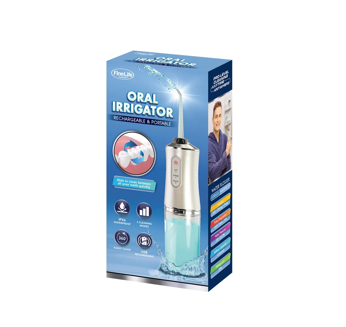 Irrigatore orale portatile per la pulizia dei denti senza fili per la pulizia dei denti dell'acqua portatile FineLife Products ricaricabile e portatile con 3 modalità di pulizia, argento