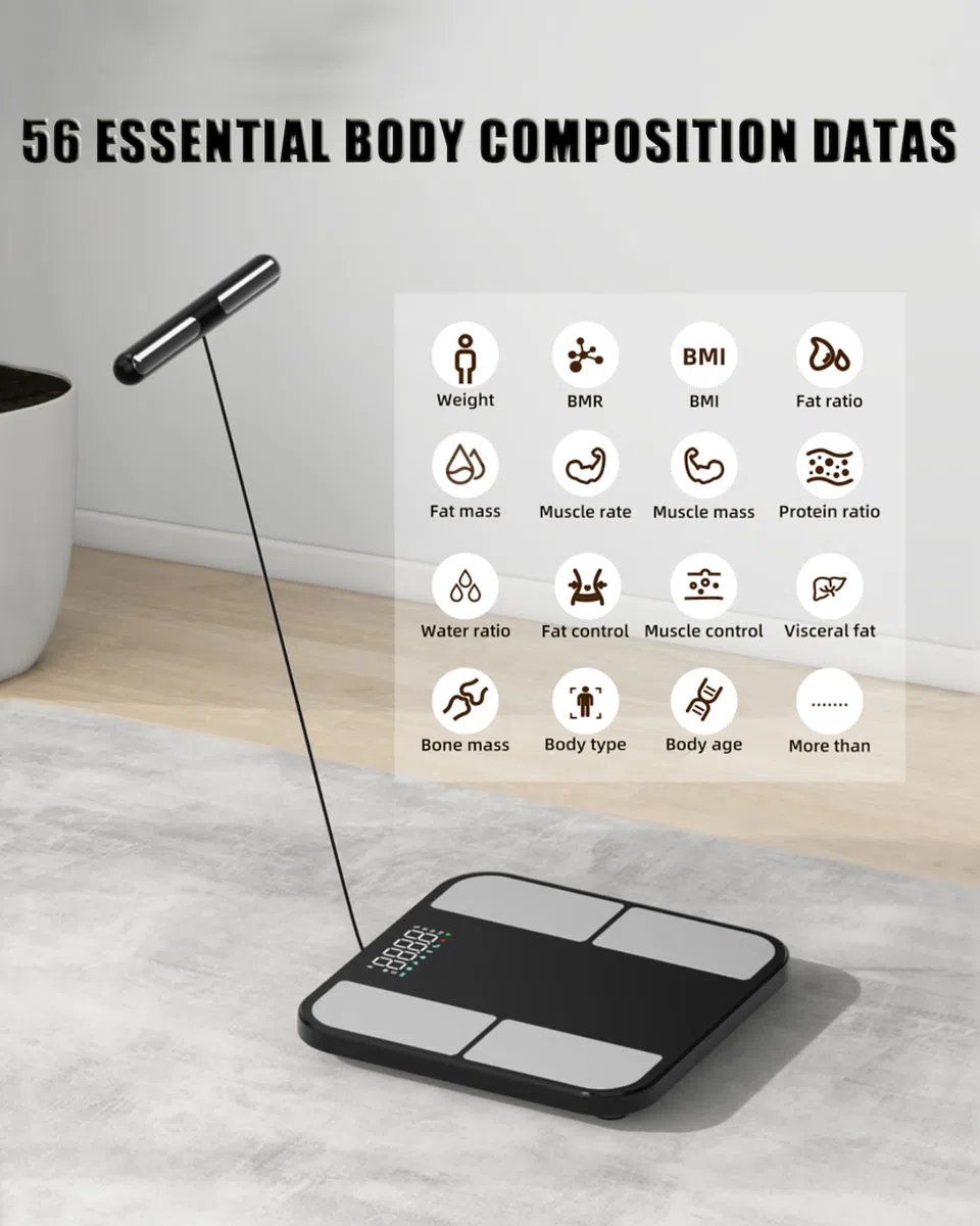 Bilancia per il peso corporeo - 8 elettrodi Bilancia digitale ad alta precisione per BMI - 56 metriche della composizione corporea - Bilancia da bagno Bluetooth con LED per casa/fitness
