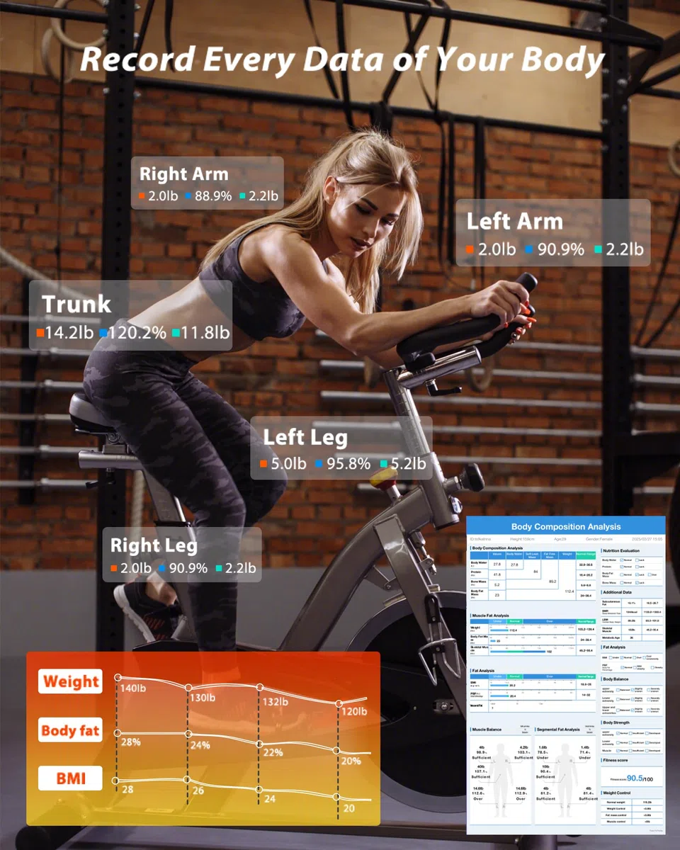 Bilancia per il peso corporeo - 8 elettrodi Bilancia digitale ad alta precisione per BMI - 56 metriche della composizione corporea - Bilancia da bagno Bluetooth con LED per casa/fitness