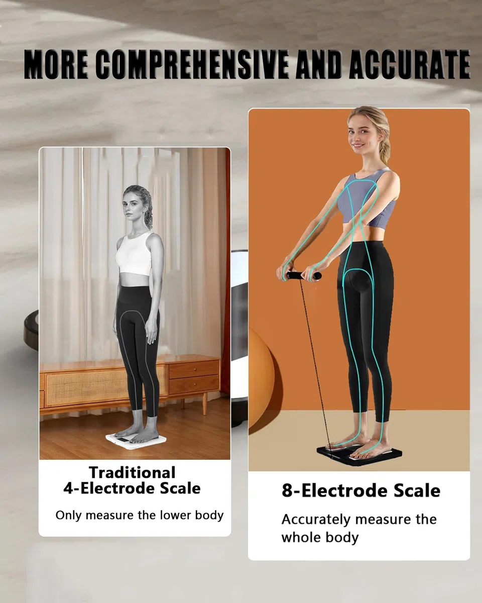Bilancia per il peso corporeo - 8 elettrodi Bilancia digitale ad alta precisione per BMI - 56 metriche della composizione corporea - Bilancia da bagno Bluetooth con LED per casa/fitness