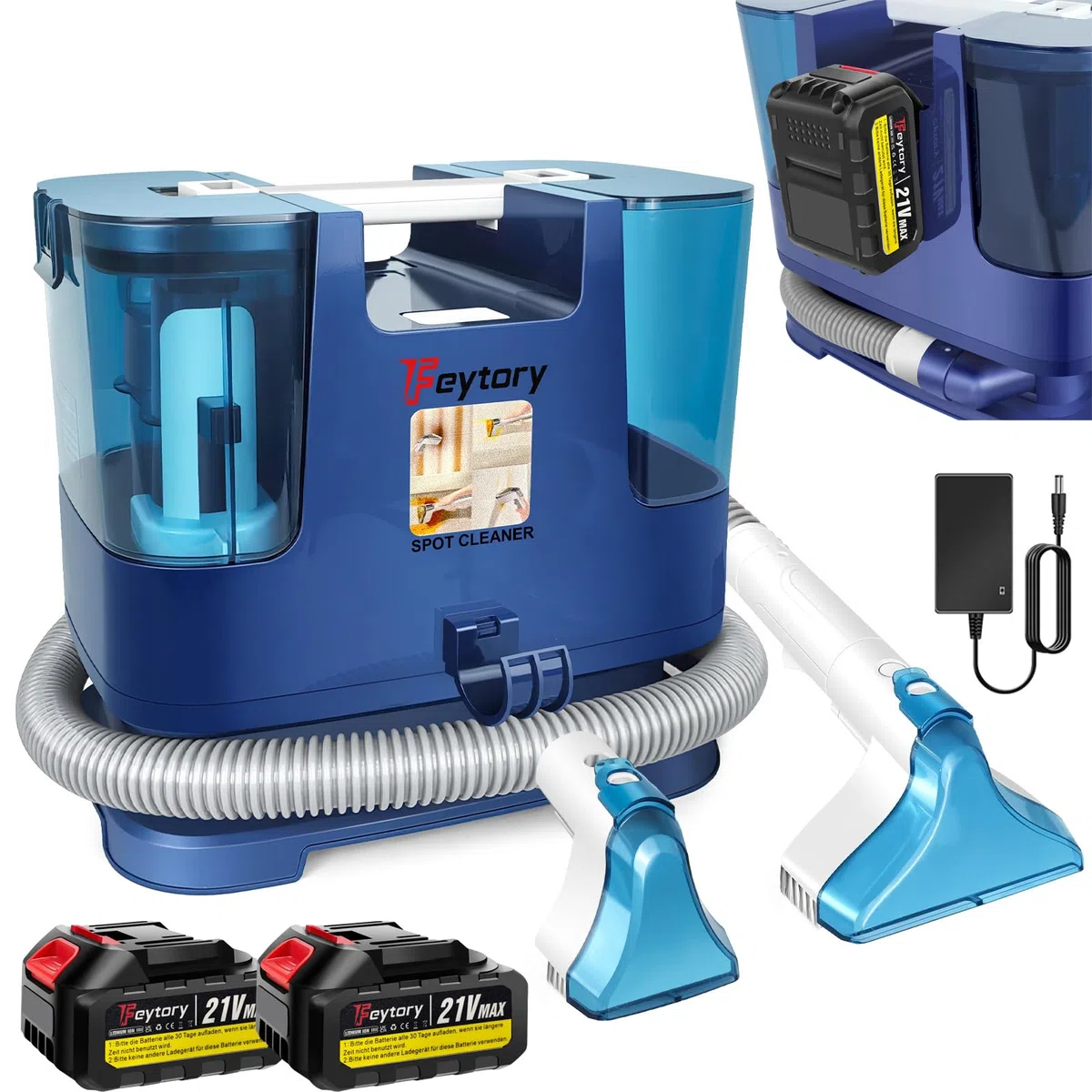 Detergente portatile per tappezzeria, 600 ml, per divano, auto, tappeti, tappezzeria, con 2 ugelli, 430 W, 15 kPa, bagnato e asciutto, blu